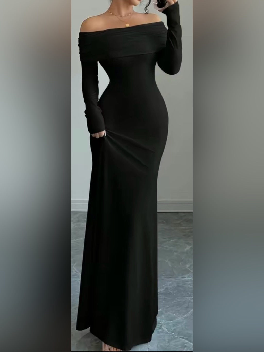Off-Shoulder Black Maxi Skirt Dress - Sleek Slim Fit